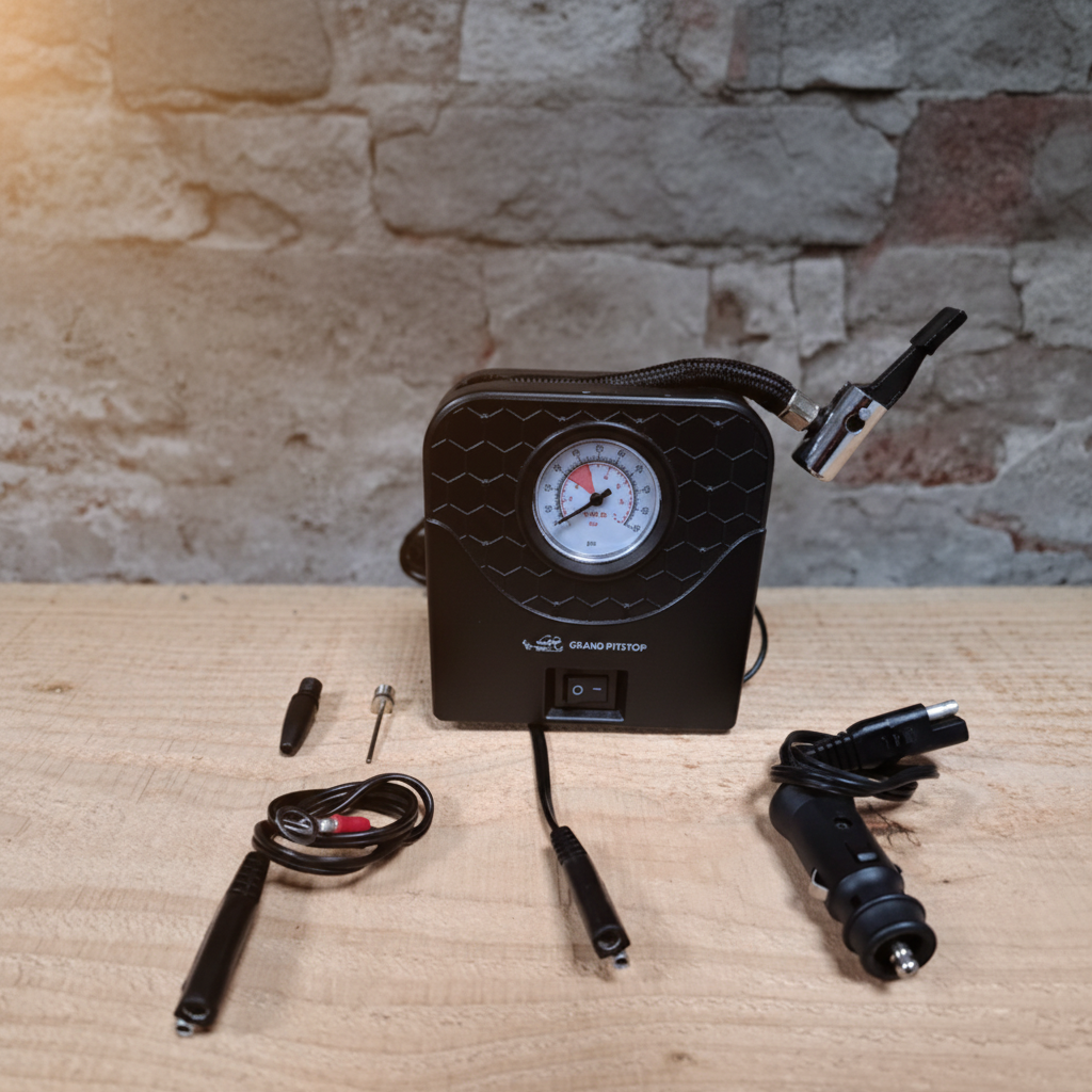 GrandPitstop Mini Compressor 12V – compressor GrandPitstop Mini Compressor 12V – met drukmeter, kabels en aansluitingen uitgestald