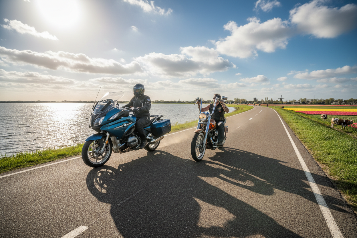 Toermotor en chopper op de dijk