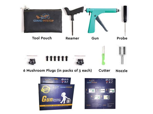 GRANDPITSTOP bandenreparatie set met pistoolgreep - alle inhoud uitgestald