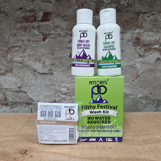 PITS and BITS Filthy Festival Wash Kit - alles uit de verpakking en uitgestald om de doos