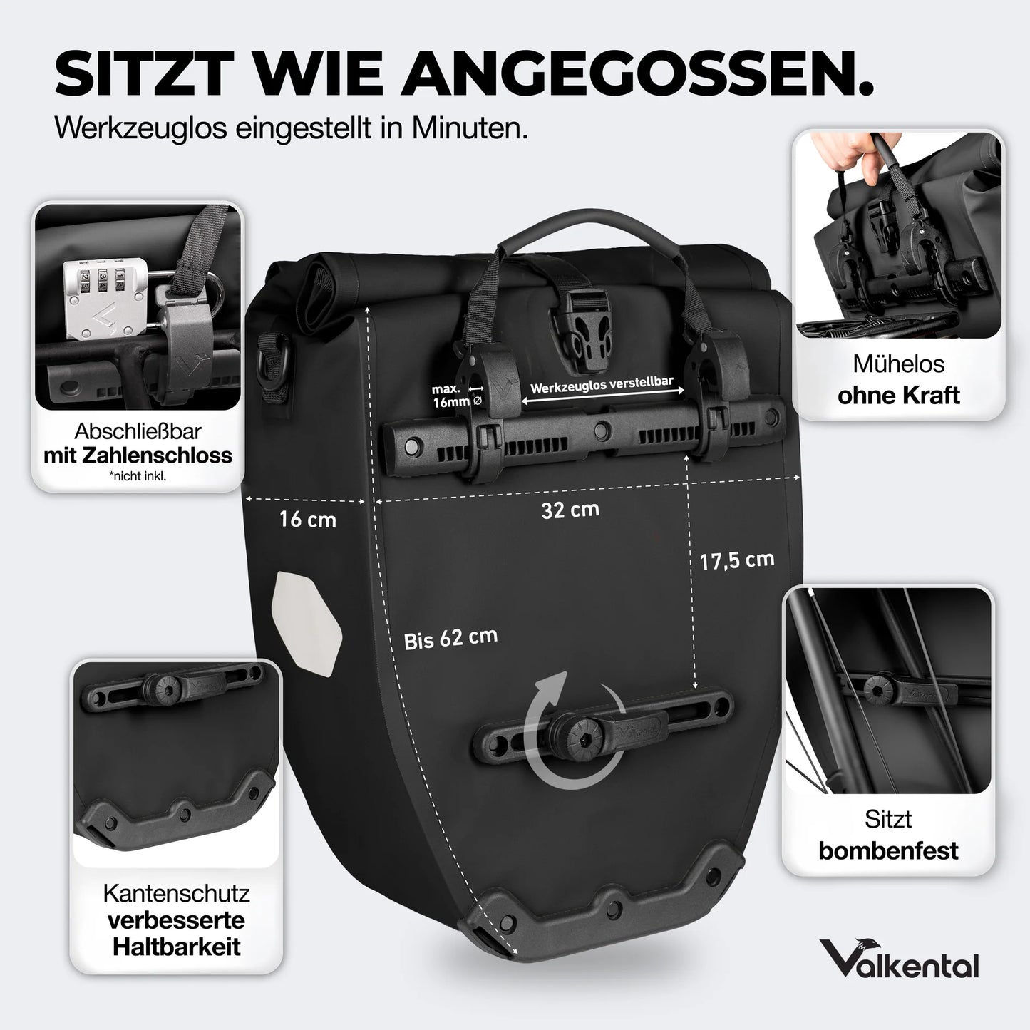 VALKENTAL Bike Bag 32L - afmetingen en functies