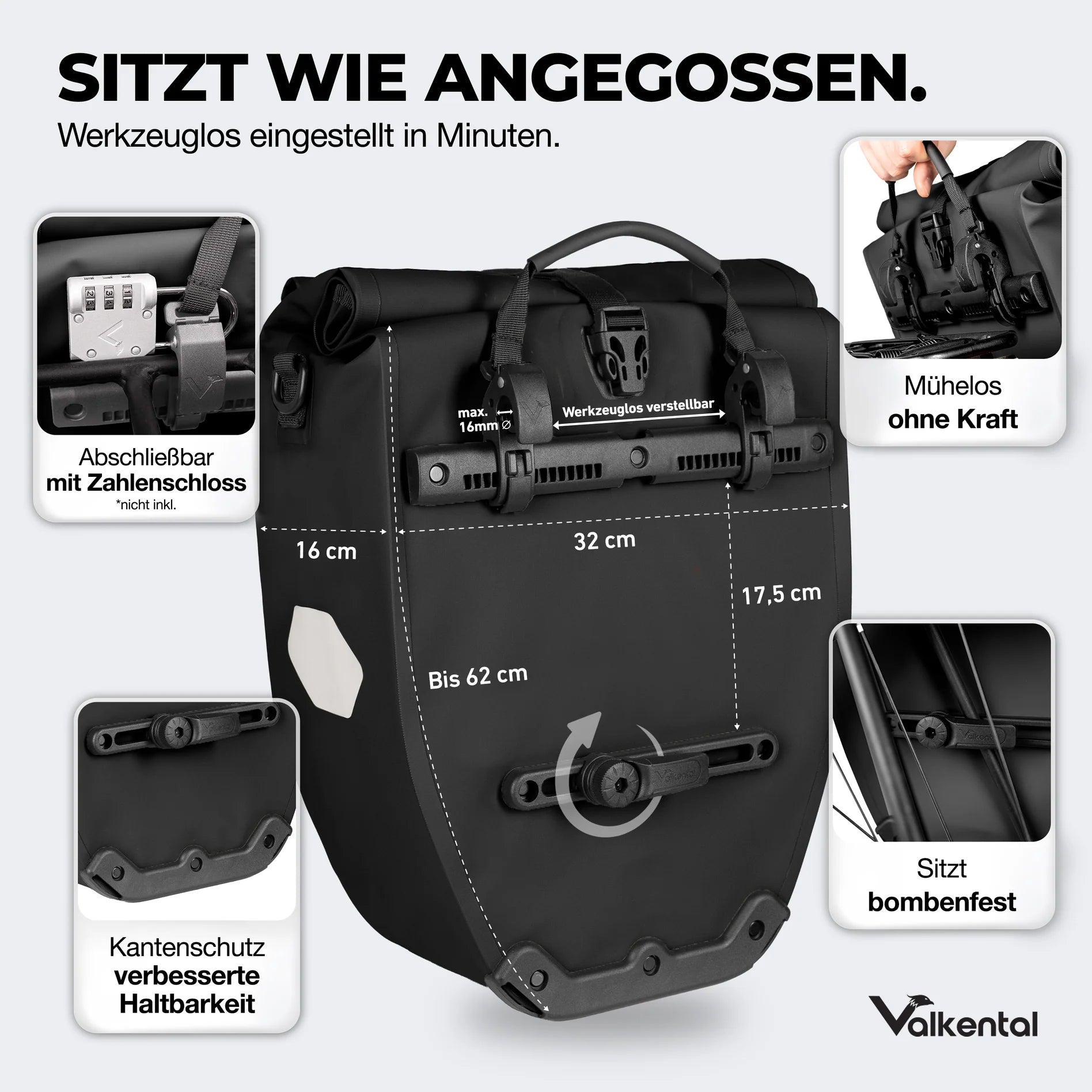 VALKENTAL Bike Bag 32L - afmetingen en functies