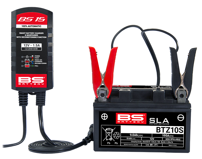BS BATTERY BS 15 - in gebruik op een accu