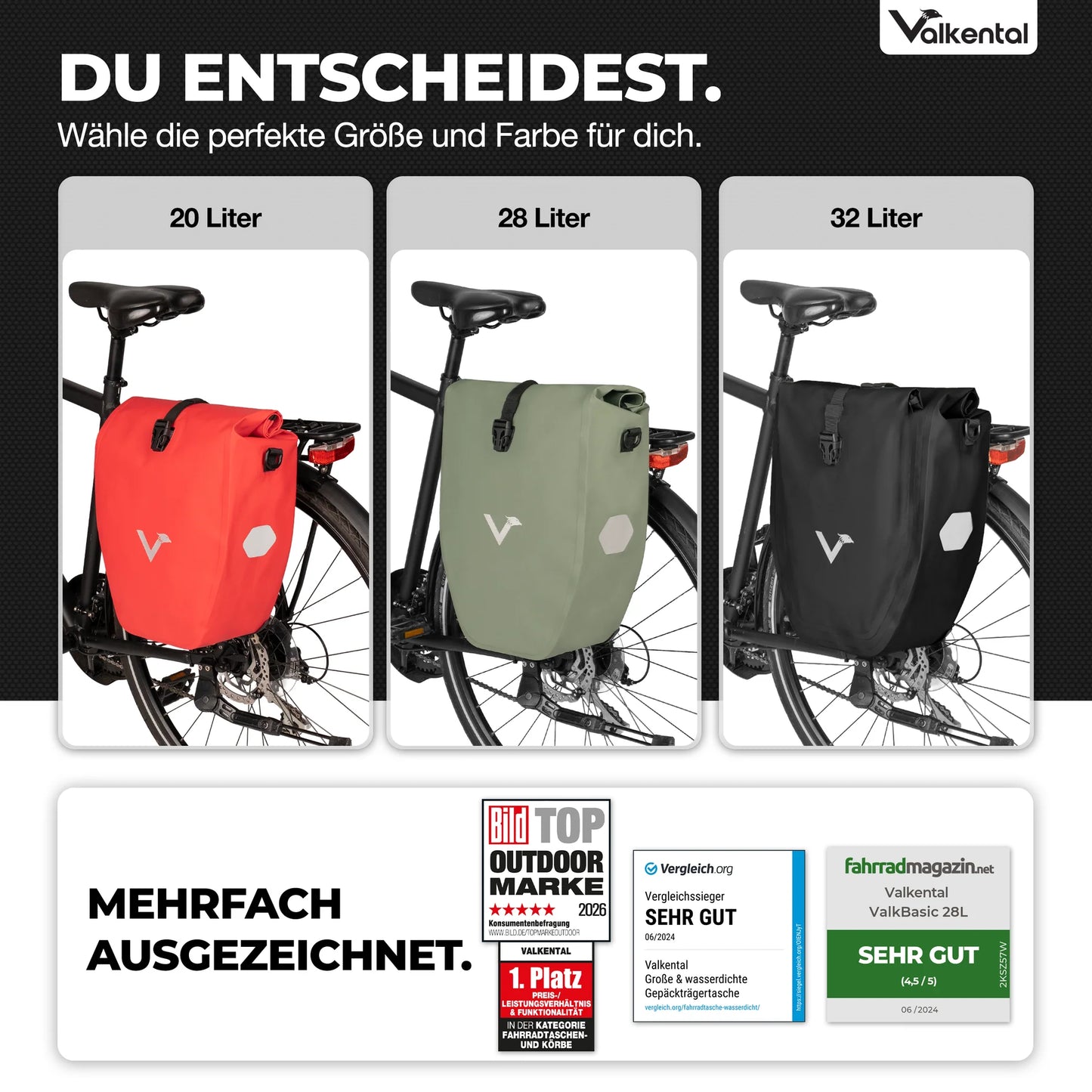 VALKENTAL Bike Bag 20l, 28l 3n 32l verschillen in grootte