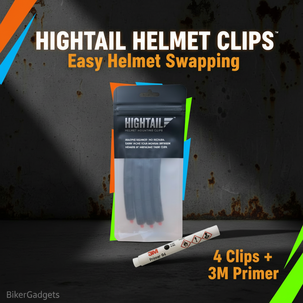 HIGHTAIL helmet clips productbanner met BikerGadgets branding voor easy helmet swapping