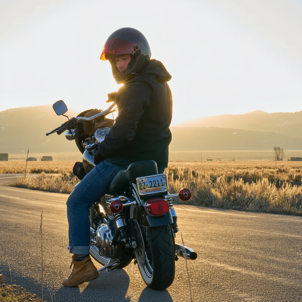Motorrijder met SERYT bescherming op vintage motorfiets bij gouden zonsondergang