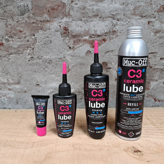 Muc-Off C3 Ceramic Lube vier maten – 5ml, 50ml, 120ml en 300ml refill – premium keramisch smeermiddel voor natte omstandigheden