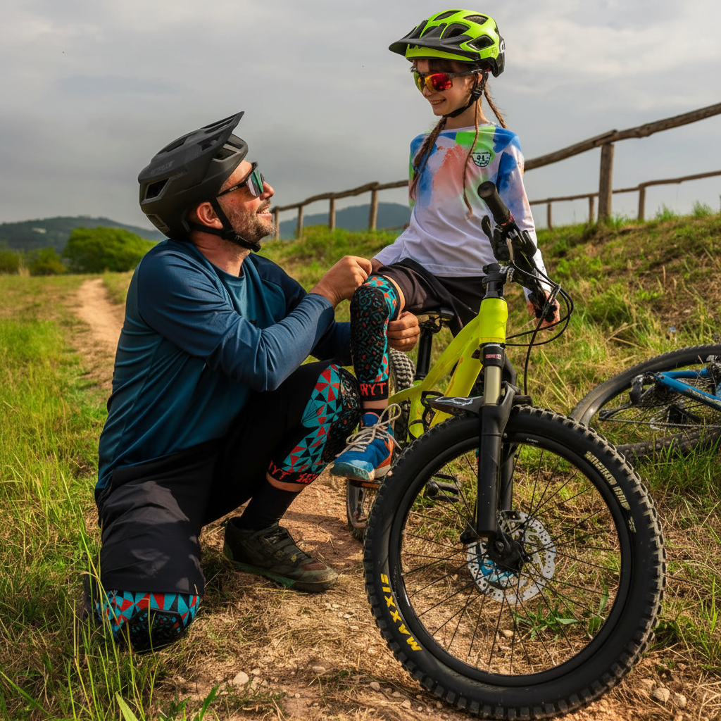 Vader en kind met mountainbike, SERYT kniebeschermers zichtbaar, outdoor avontuur