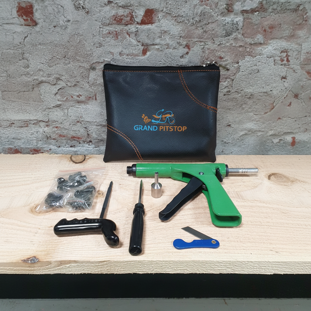 GRANDPITSTOP bandenreparatie set met pistoolgreep, priem, schroevendraaier en pluggen in leren tas
