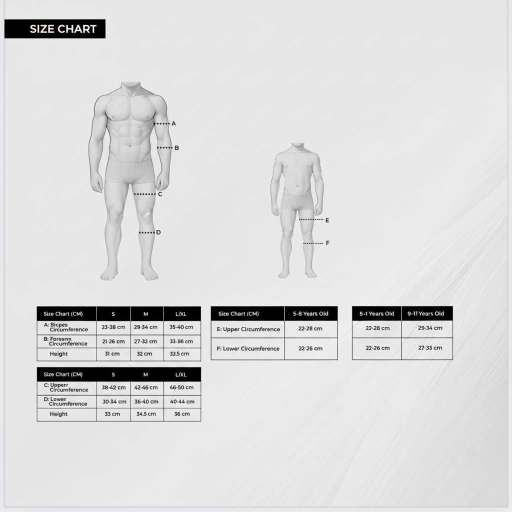 SERYT kniebeschermers maattabel met meetinstructies voor volwassenen en kinderen