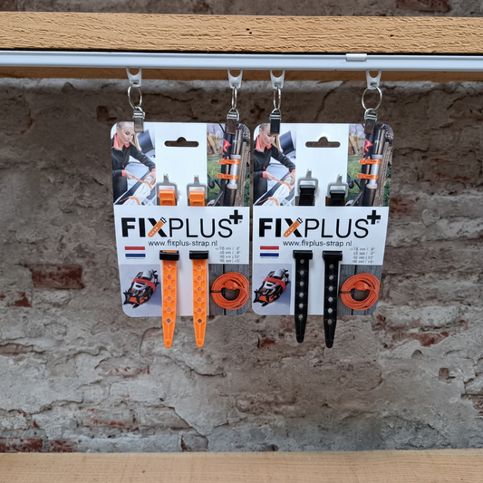 FIXPLUS straps 15cm set van 2 in oranje en zwart - universele bagagebanden voor motor en fiets