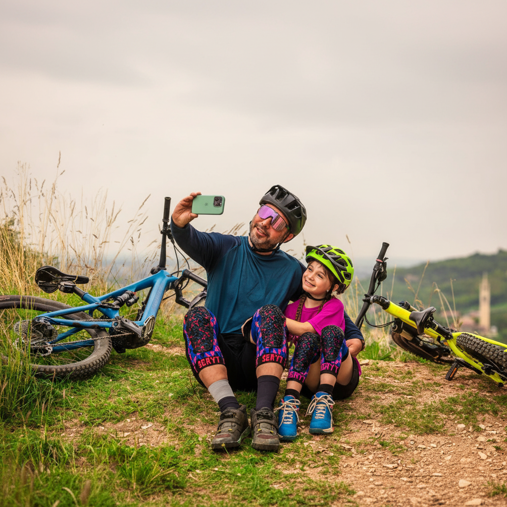 Kind draagt SERYT kniebescherming tijdens mountainbiken
